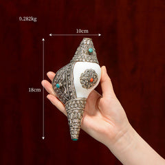 Tibetan Shankha Conch Shell Decoration – Large conch shell in hand, 27cm silver filigree, turquoise coral stones, Substantial