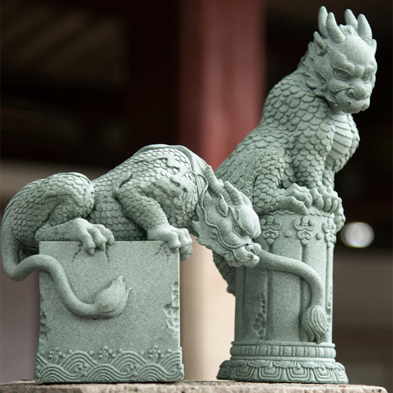 Feng Shui Dragon Sandstone Statue two guardian dragons on stone platform, traditional architecture setting, auspicious