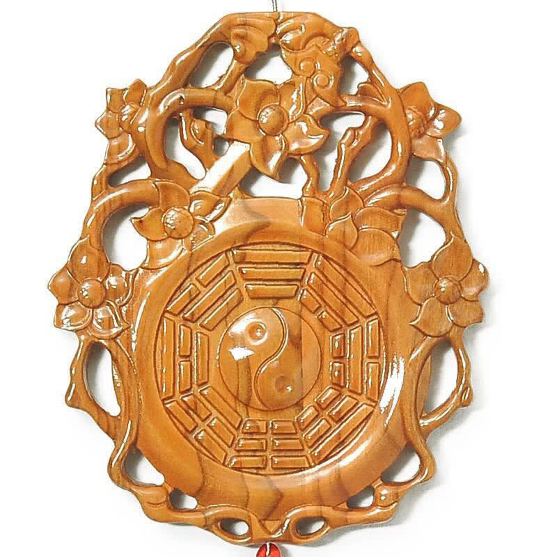 Peach Wood Bagua Map - Full view on white, red tassel hanging bagua plaque
