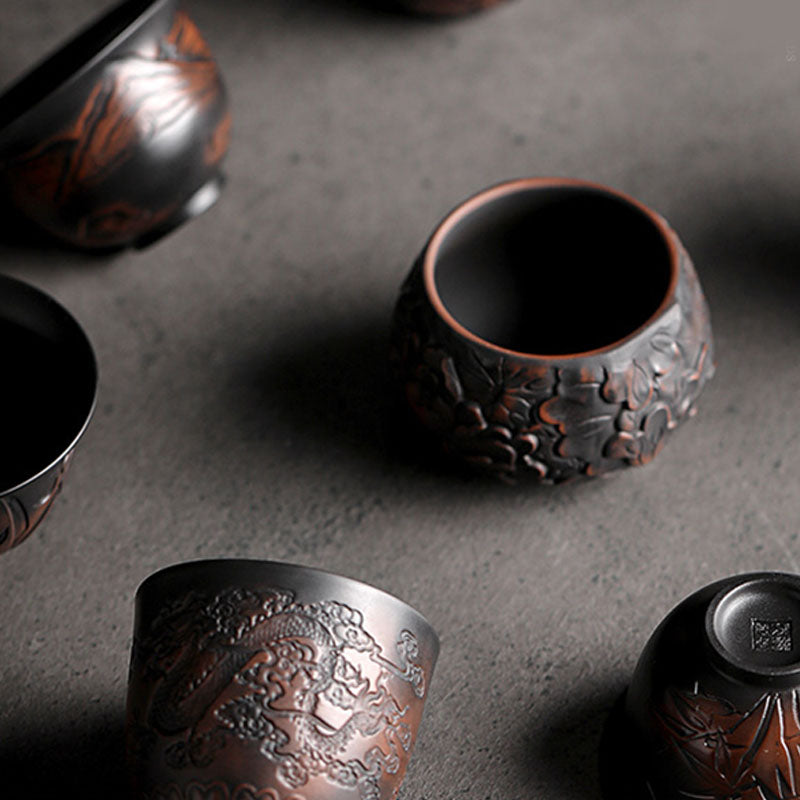 Ceramic Tea Cup Collection – Group showing dragon, pine, bamboo and floral motifs, artisan set