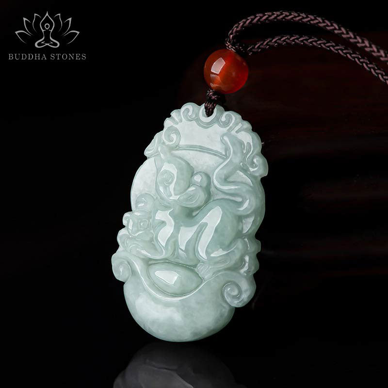 Natural Jade Chinese Zodiac Pendant – Monkey relief with carnelian bead, luck