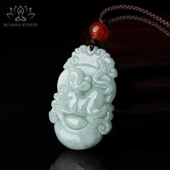 Natural Jade Chinese Zodiac Pendant – Monkey relief with carnelian bead, luck