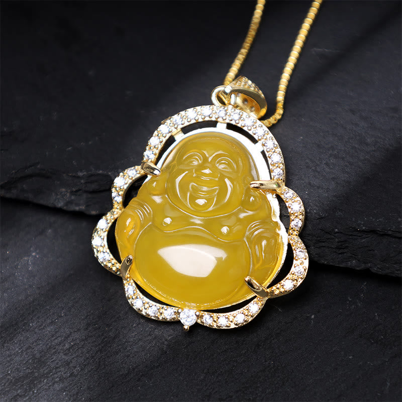 Jade Laughing Buddha Luck Necklace – yellow citrine Buddha on dark stone with gold crystal frame, closeup prosperity