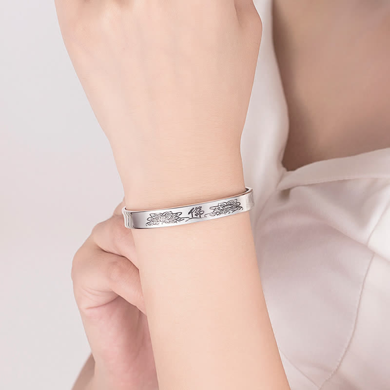 Heart Sutra Lotus Copper Cuff Bracelet - engraved Buddha lotus cuff worn on wrist, Meaningful spiritual gift