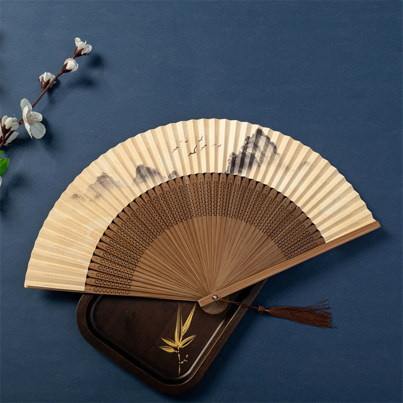 Lotus Dragonfly Wild Geese Silk Bamboo Folding Fan - top-down view wild geese landscape with golden tassel and bead