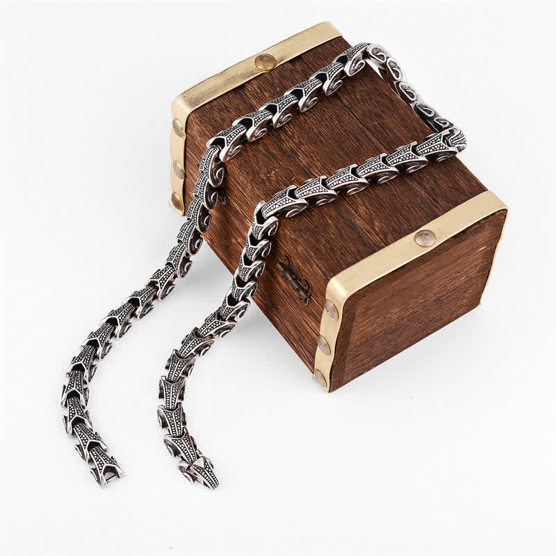 Dragon Necklace Bracelet Set - Antiqued chain draped over vintage wood chest, Protection