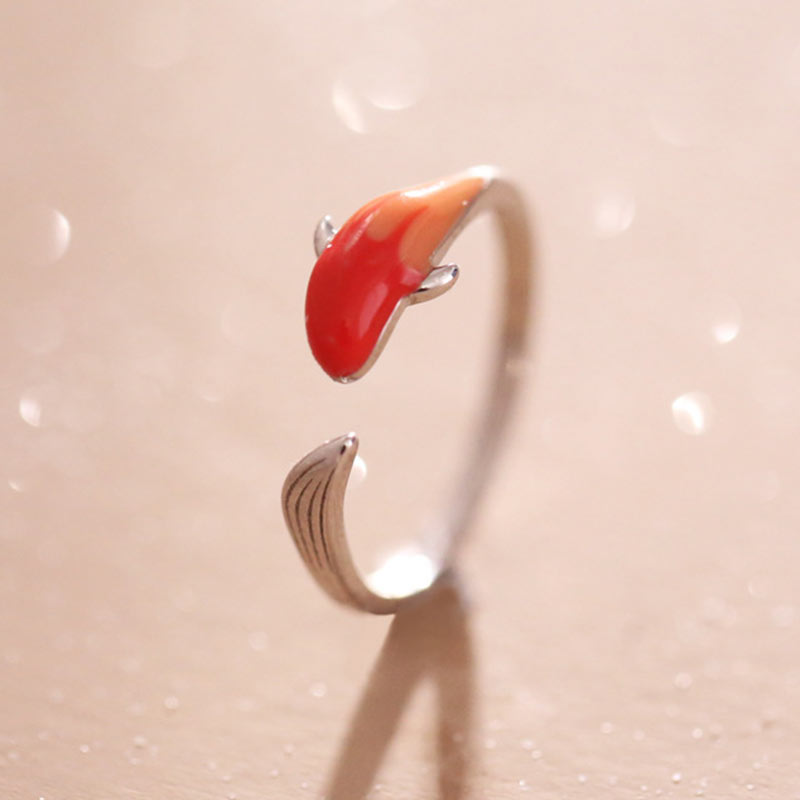 Copper Koi Fish Adjustable Ring – open-band copper ring with koi fish design on finger, luck love jewelry