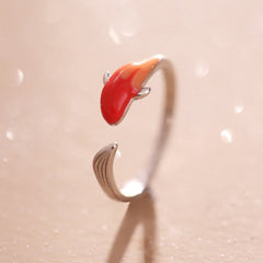 Copper Koi Fish Adjustable Ring – open-band copper ring with koi fish design on finger, luck love jewelry