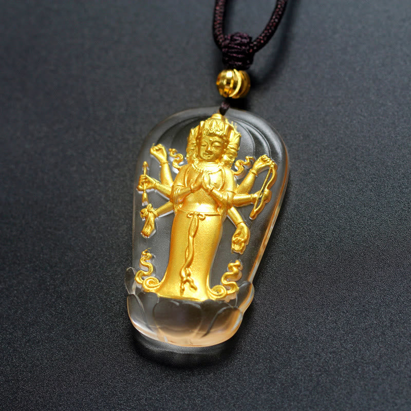 Liuli Crystal Avalokitesvara Necklace - Close-up of liuli glass color gradients, Tibetan art