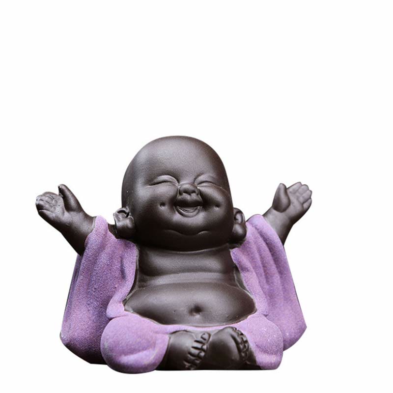 Laughing Buddha Purple Clay Maitreya Statue – trio of purple clay Buddhas in different robe colors and poses, wooden shelf display, home altar arrangement