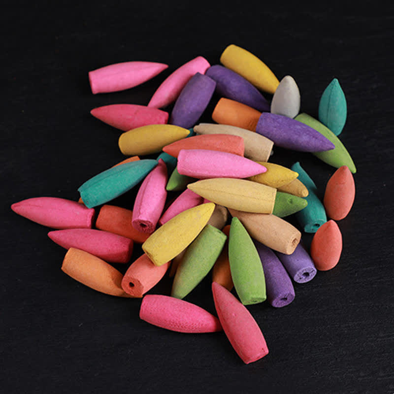 Backflow Incense Cones 50-Pack - Abundant rainbow cones scattered, calming