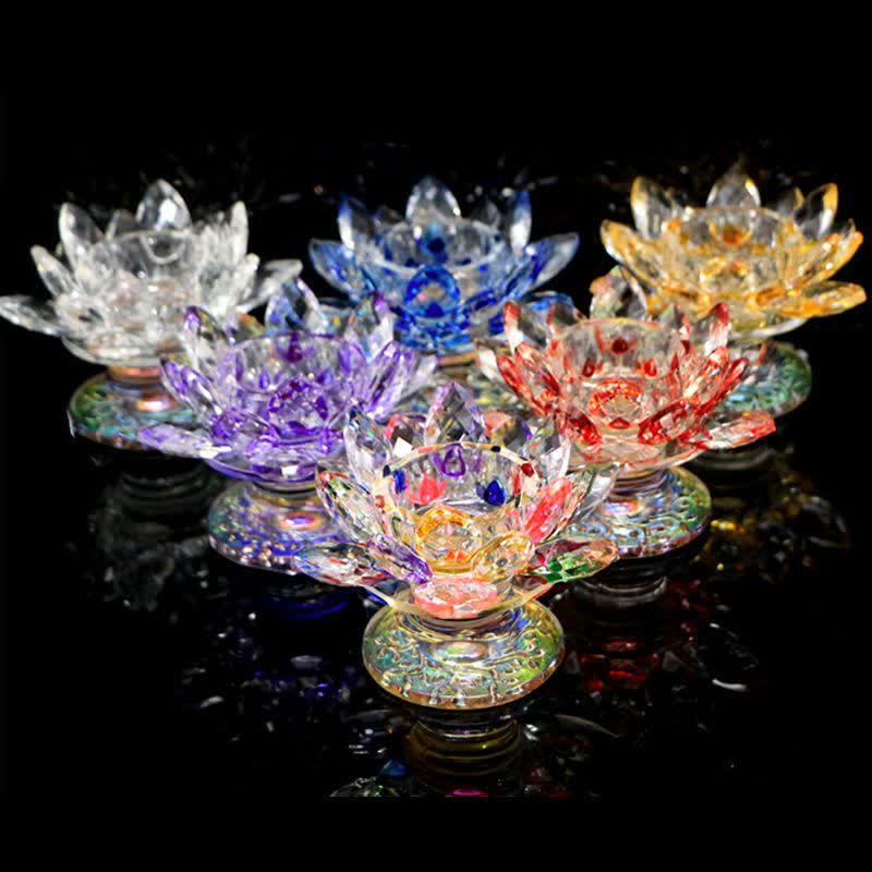Lotus Flower Crystal Candle Holder - clear crystal lotus bloom, rainbow refraction glow