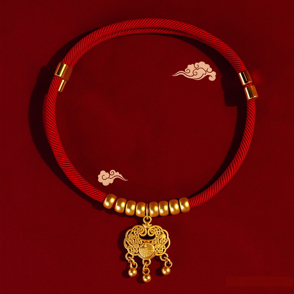 CNY Red Rope Pet Collar – Red braided collar with gold longevity lock pendant and three small bells, red backdrop