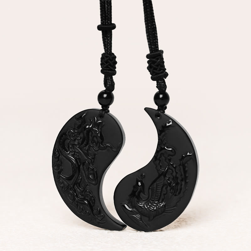 Black Obsidian Dragon Phoenix Necklace - Interlocking obsidian couple pendants with adjustable black cord, Balance