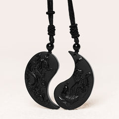 Black Obsidian Dragon Phoenix Necklace - Interlocking obsidian couple pendants with adjustable black cord, Balance