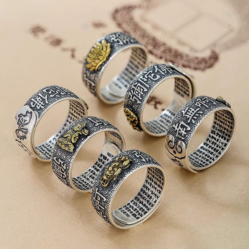 Natal Buddha Ring - Six adjustable rings fanned showing lotus and Buddha designs, Abundant