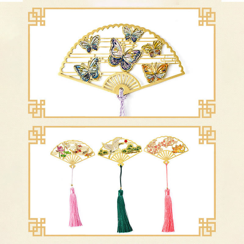 Brass Hollow Fan Bookmark - Intricate cutout pattern with gold filigree on book, refined