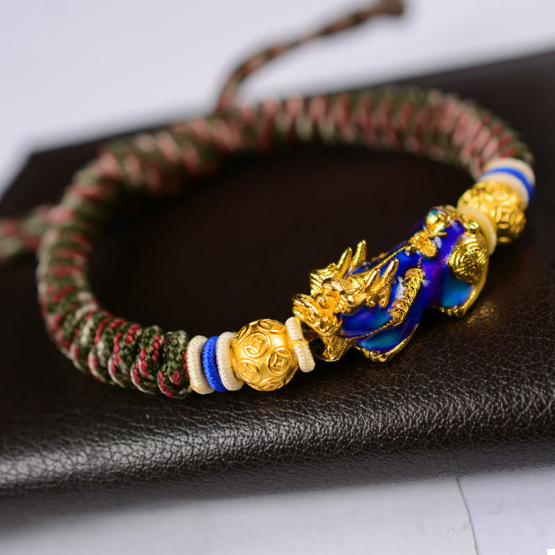 Feng Shui PiXiu Bracelet – red green braided cord blue Pixiu black leather, adjustable unisex bracelet