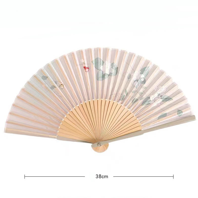 Lotus Begonia Jasmine Handheld Bamboo Folding Fan - fully opened showing lotus jasmine begonia botanicals, 21cm
