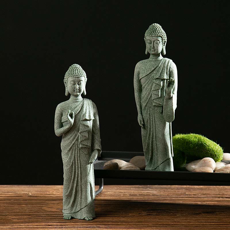Green Sandstone Buddha Statue – Two standing Buddhas in prayer and blessing poses