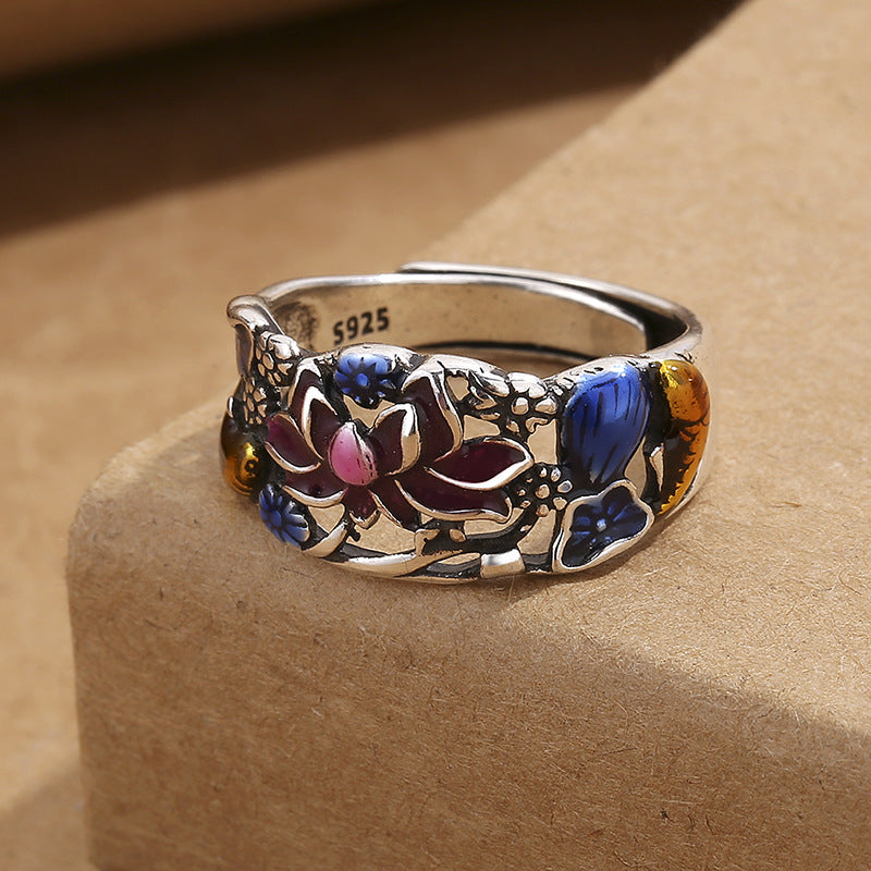 Koi Fish Lotus Ring – back view, leaf pattern engraving, koi fish open shank detail