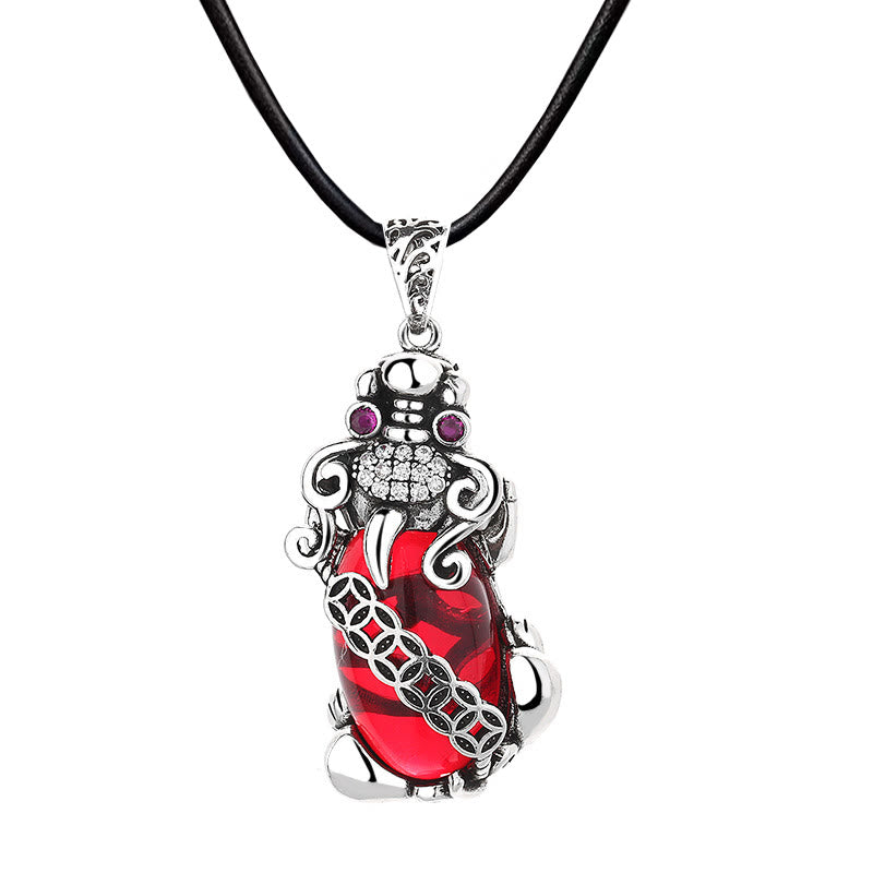 Garnet PiXiu Necklace – Isolated PiXiu pendant with black leather cord on white background, feng shui gift