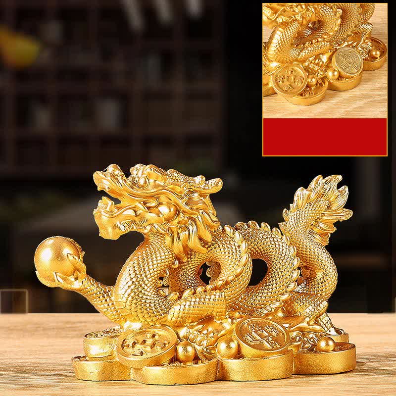 Dragon Copper Coin Decoration - Golden dragon on wood shelf with close-up inset, premium craft