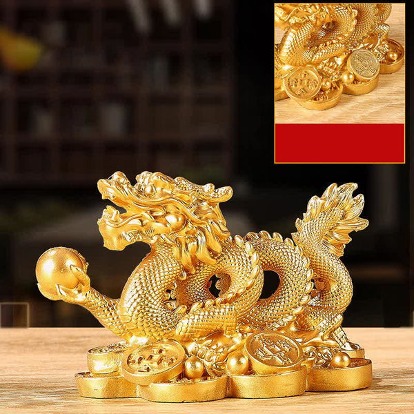 Dragon Copper Coin Decoration - Golden dragon on wood shelf with close-up inset, premium craft