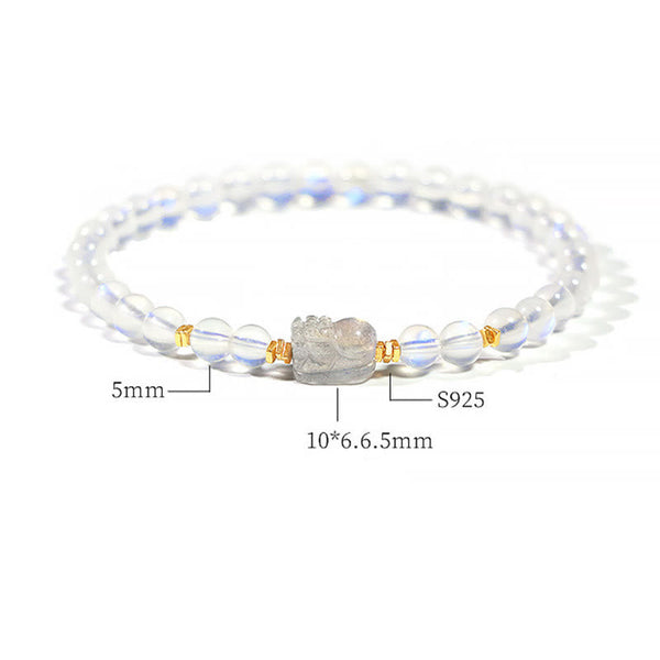 Moonstone PiXiu Bracelet – Product dimension chart showing 5mm beads S925 and PiXiu size, specifications