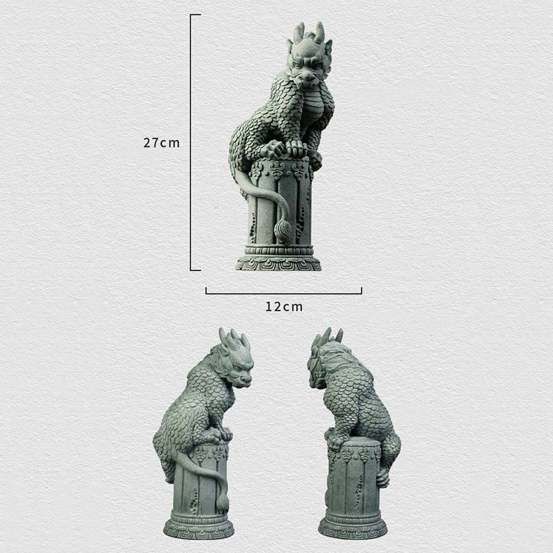 Feng Shui Dragon Sandstone Statue seated qilin on pedestal with 1.753kg weight spec, wood base, museum-quality