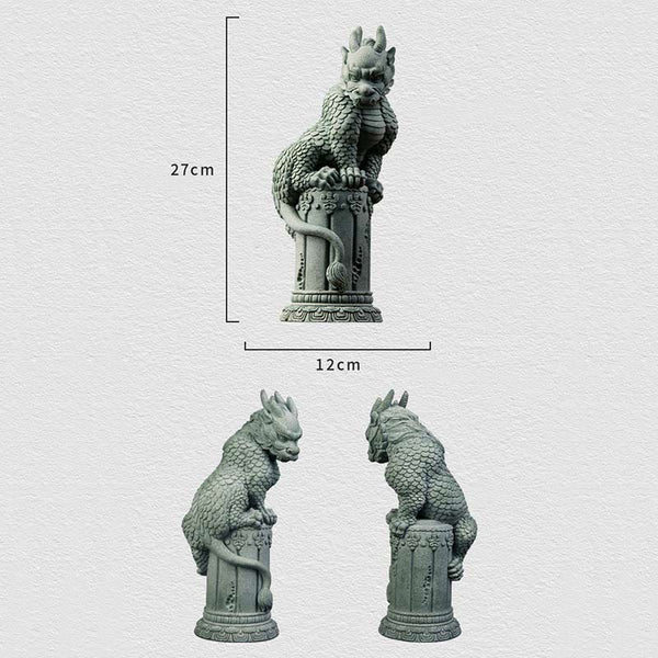 Feng Shui Dragon Sandstone Statue seated qilin on pedestal with 1.753kg weight spec, wood base, museum-quality