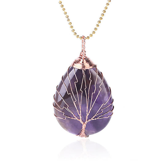 Quartz Crystal Tree of Life Necklace – amethyst pendant with reflection, rose gold wire, white background