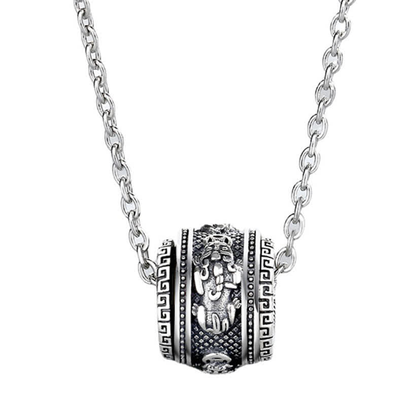 PiXiu Luck Wealth Rotatable Necklace Pendant – front facing PiXiu barrel on silver chain, feng shui amulet
