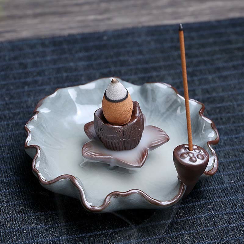 Lotus Ceramic Backflow Incense Burner - celadon crackle glaze dish with cone and stick incense, meditative
