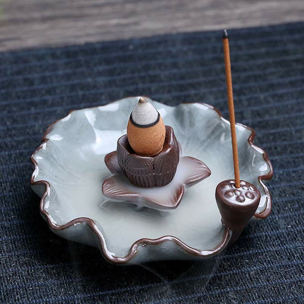 Lotus Ceramic Backflow Incense Burner - celadon crackle glaze dish with cone and stick incense, meditative