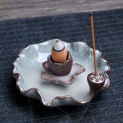 Lotus Ceramic Backflow Incense Burner - celadon crackle glaze dish with cone and stick incense, meditative