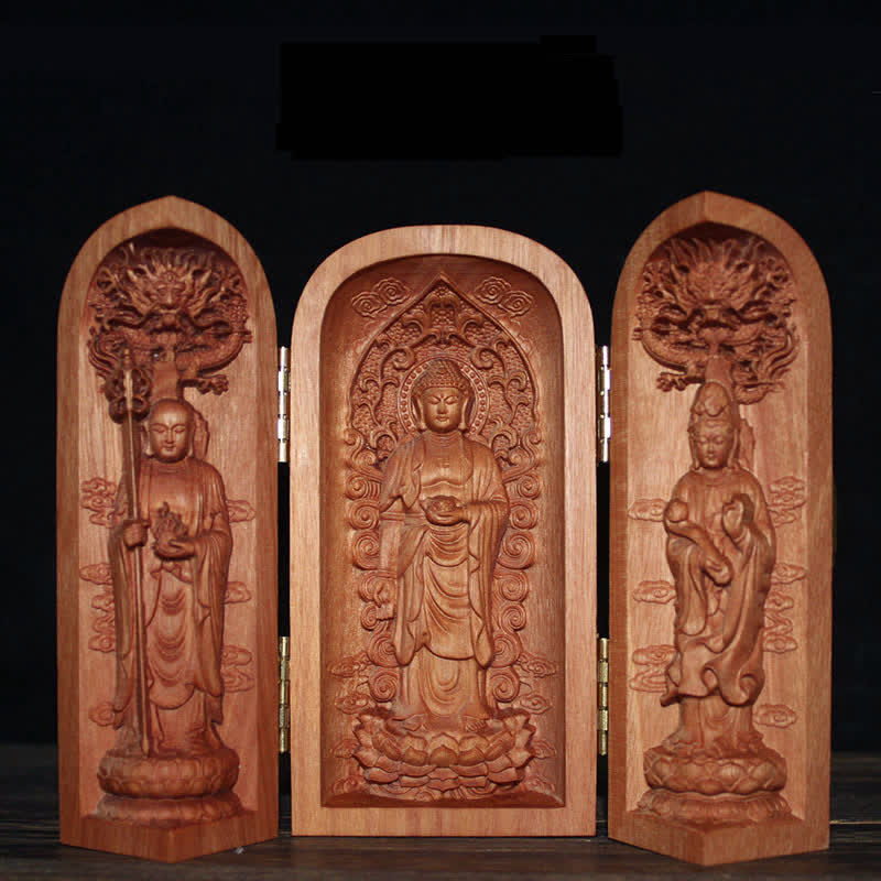 Cherry Wood Kwan Yin Statue – front view, Avalokitesvara altar decor