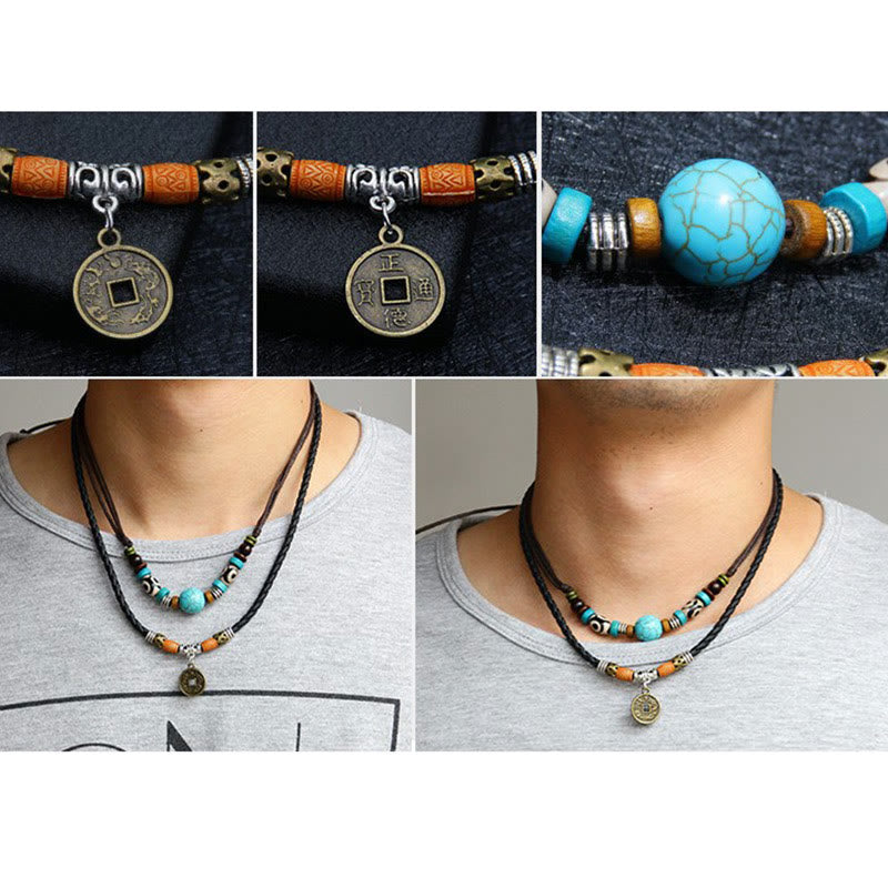 Turquoise Dzi Bead Protection Necklace – multi-panel composite showing macro details of bronze coin pendant with Chinese characters, natural turquoise bead with black matrix veining, and lifestyle shots on model demonstrating layered wear styling