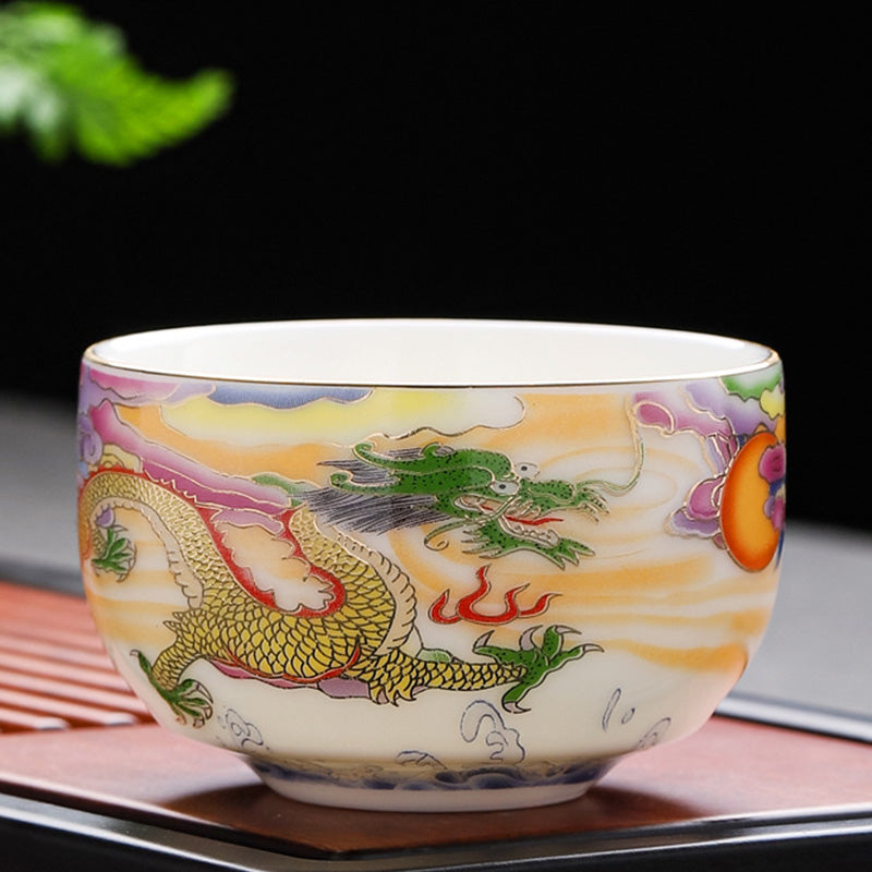 Dragon Phoenix Ceramic Teacup - Golden dragon chasing flaming pearl on wood tray, imperial