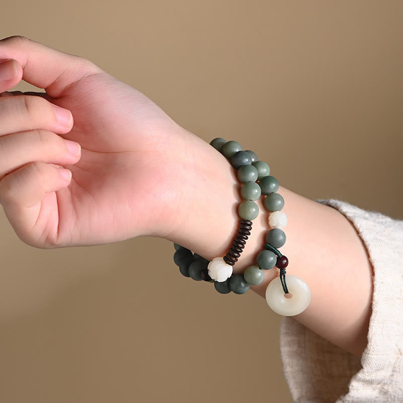 Cyan Bodhi Seed Jade Peace Buckle Bracelet - double-wrap bodhi seed beads on wrist, natural lifestyle look