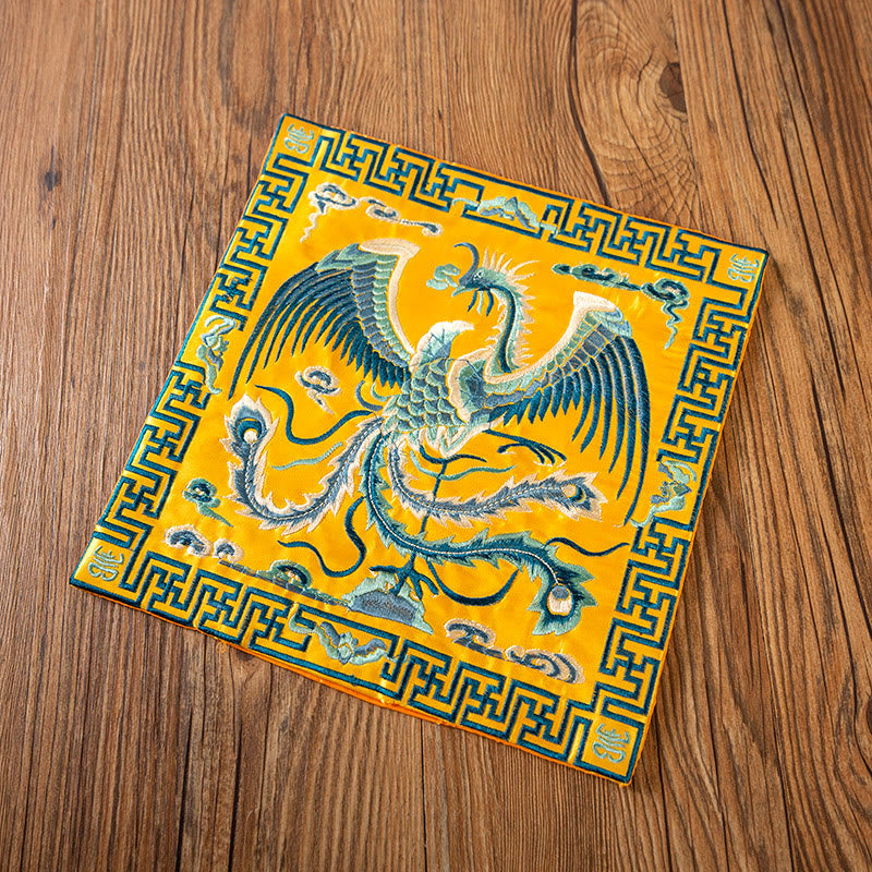 Phoenix Dragon Kirin Embroidery Tea Cup Mat - Yellow base teal phoenix cloud motifs, Empress Gold