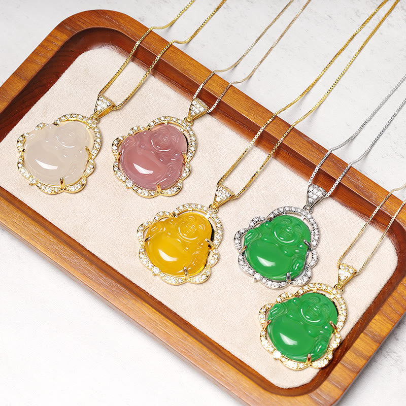 Jade Laughing Buddha Luck Necklace – five multi-color Buddha pendants in wooden tray, flatlay, variety gift