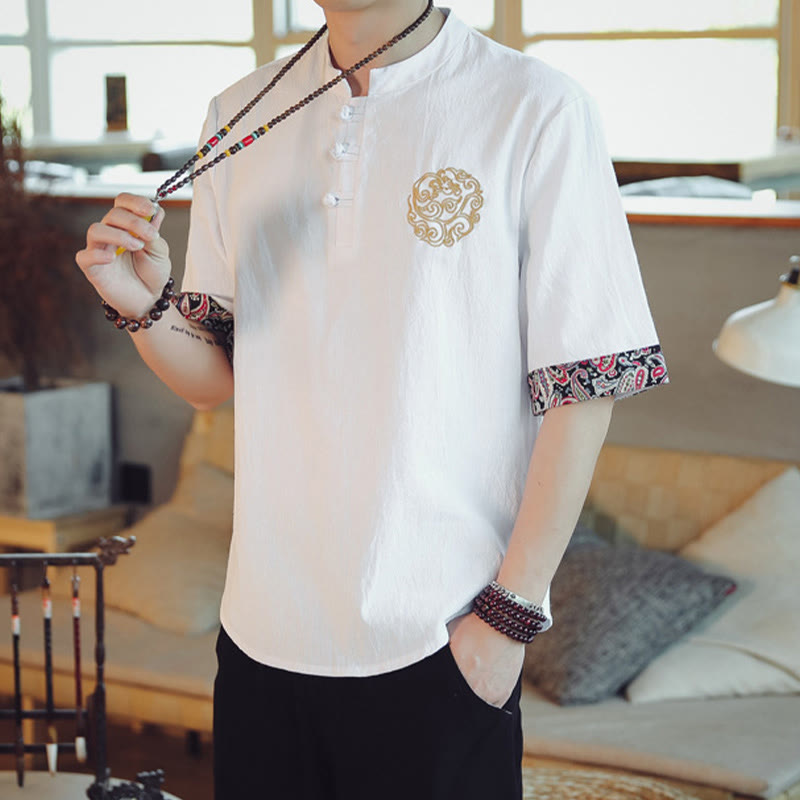Dragon Embroidery Frog-Button Linen Tang Suit Shirt - White with frog buttons and gold motif, timeless