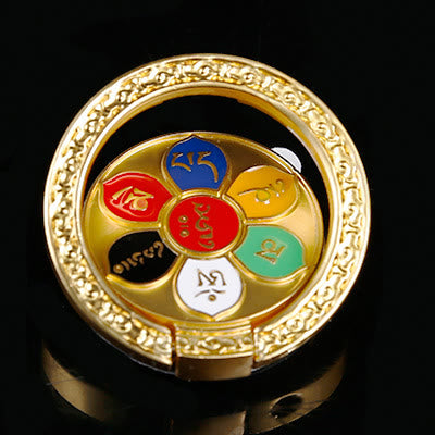 Om Mani Padme Hum Phone Ring Holder – Gold ring holder with six-color mantra petals, spiritual phone grip