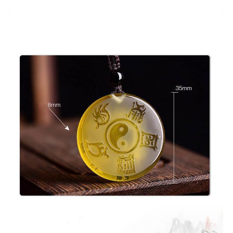 Yellow Crystal Yin-Yang Pendant - Taoist symbols on citrine disc, 35mm Chinese spiritual amulet necklace