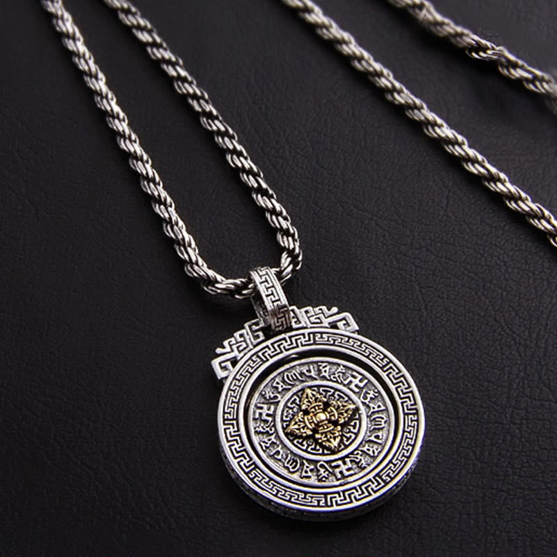 Double Dorje Vajra Rotatable Necklace – gold Vajra emblem center with antique silver frame, Buddhist amulet Main image