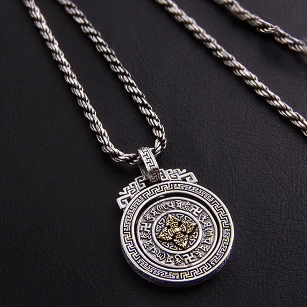Double Dorje Vajra Rotatable Necklace – gold Vajra emblem center with antique silver frame, Buddhist amulet