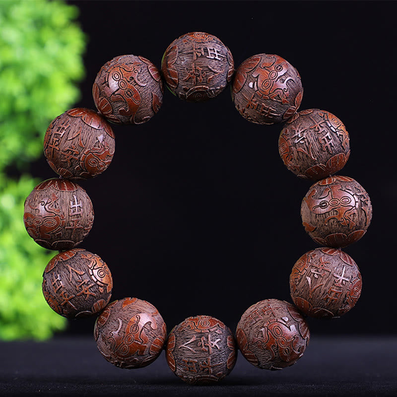 Chinese Zodiac Rosewood Ebony PiXiu Set – red wood buddha totem bracelet, ornate carved spiritual symbol bead set