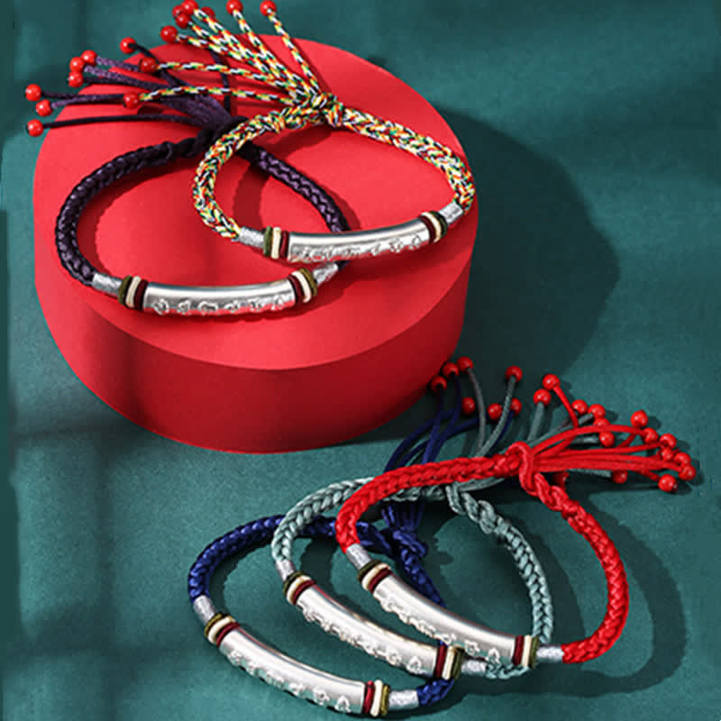 Om Mani Padme Hum Red String Bracelet – Six colored cord bracelets with silver mantra bars