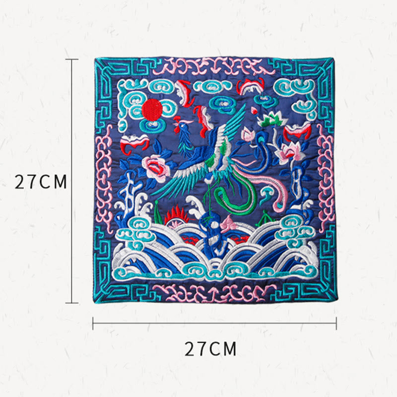 Phoenix Dragon Kirin Embroidery Tea Cup Mat - Top-down with 27cm size markers, Exact Sizing